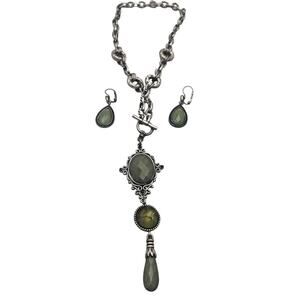 Necklace Earrings Set Silver Tone Green Faux Stone Pendant Toggle BOHO Used